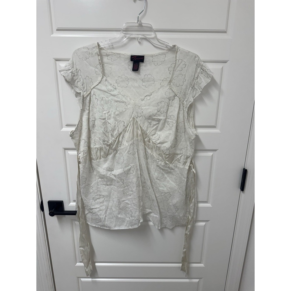 Torrid Womens Plus Size 4 White Floral Cotton Tie Back Blouse Ruffle Cap Sleeve